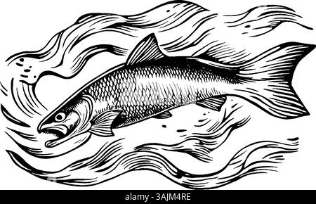 Illustration stylisée d'un poisson nageant dans l'eau ondulée, présentant des écailles et des ailerons détaillés, avec des lignes fluides représentant le mouvement. Illustration de Vecteur