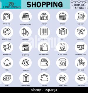 Icônes de ligne d'achat définies. Étiquette de prix, code à barres, cadeau, vente, livraison, et bien plus encore pour l'interface utilisateur Web et App Illustration de Vecteur