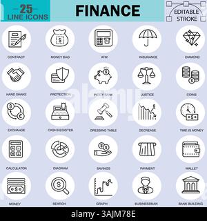 Jeu d'icônes de la ligne de financement – illustration vectorielle modifiable. Inclut les symboles argent, banque, investissement et entreprise. Design Pixel Perfect Illustration de Vecteur