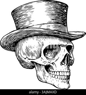 Une illustration détaillée d'un crâne portant un chapeau haut de gamme, mettant en valeur un style vintage avec des lignes fines et des ombres. Illustration de Vecteur
