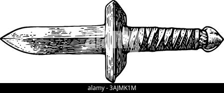 Une illustration d'un poignard classique avec une lame droite et un manche texturé. La conception comprend une traverse et un pommeau arrondi, mettant en valeur des détails complexes. Illustration de Vecteur