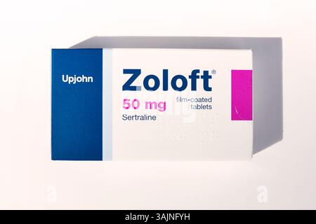 Zoloft comprimés 50 mg Sertraline de Upjohn Viatris médicament d'ordonnance avec chlorhydrate de sertraline, santé mentale, dépression, anxiété, médecine Banque D'Images