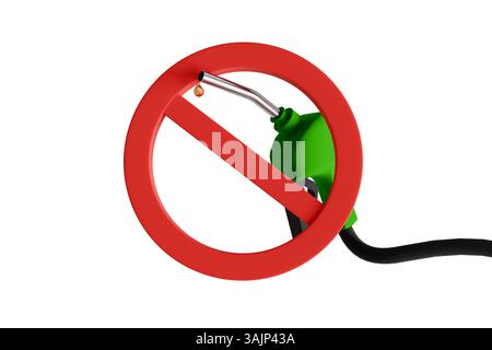 Modèle 3D d'un pistolet à essence et une goutte d'essence et un panneau stop sur fond blanc, sanctions Banque D'Images