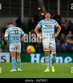 Aviva Stadium, Dublin, Irlande. 11 avril 2025. Investec Champions Cup Rugby, Leinster contre Glasgow Warriors ; JP du Preez de Glasgow regarde avec déception après le coup de sifflet à plein temps crédit : action plus Sports/Alamy Live News Banque D'Images