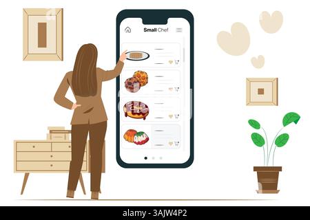 Fille avec application sur smartphone louant une voiture en utilisant l'application de partage de voiture sur le téléphone et la recherche de conception de vecteur Illustration de Vecteur