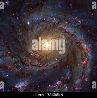 Pinwheel Galaxy (M101, NGC 5457), image HST optique. C'est l'une des plus grandes galaxies spirales connues, à plus de 170 000 années-lumière de large. Le noyau contient principalement des étoiles qui sont plus anciennes et plus jaunes que les bras. Les bras apparaissent plus bleus car ils contiennent des étoiles plus jeunes, et de nombreuses régions d'étoiles brillantes. La galaxie Pinwheel se trouve à environ 27 millions d'années-lumière dans la constellation de l'Ursa Major. Cette image a été obtenue par le télescope spatial Hubble (HST). Banque D'Images
