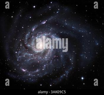 Galaxie Pinwheel (M101), image optique. C'est une grande galaxie spirale qui se trouve à environ 22 millions d'années-lumière de la Terre dans la constellation de l'Oursa majeure. C'est l'une des plus grandes galaxies spirales connues, avec une largeur de plus de 170 000 années-lumière. Ses bras spiraux contiennent un très grand nombre de régions de naissance d'étoiles (rose), d'immenses nuages de gaz éclairés par les jeunes étoiles chaudes en leur sein. Les bras apparaissent bleus car ils sont en grande partie peuplés de jeunes étoiles, qui sont de couleur blanche ou bleue. Le petit noyau central serré est plus jaune car il contient des étoiles plus vieilles et plus rouges et une concentration plus élevée de poussière. Banque D'Images