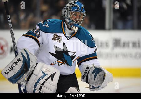 23 février 2009 : le gardien des Sharks de San Jose Evgeni Nabokov #20 en action lors d'un match de la LNH entre les Sharks de San Jose et les Stars de Dallas au American Airlines Center à Dallas, TX San Jose a battu Dallas 1-0 (crédit image : © Albert Pena/Cal Sport Media) Banque D'Images
