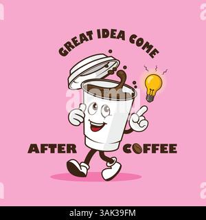 Illustration de Grande idée viennent après le vecteur de conception de café, citer le personnage de dessin animé mascotte sur le café Illustration de Vecteur