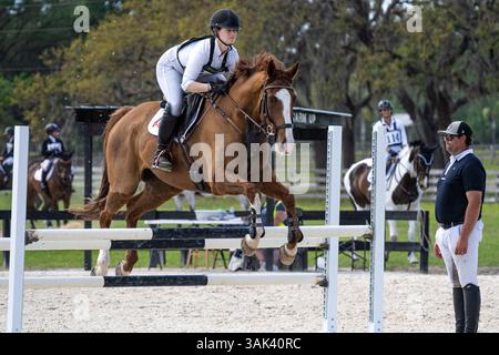 Jamie Kellock avec son cheval sautant une clôture aux Rocking Horse Spring Horse Trials aux Rocking Horse stables à Alatoona, en Floride. (ÉTATS-UNIS) Banque D'Images