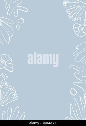 Cadre marin dessiné à la main avec des algues, des coquillages et des bulles. Vecteur blanc doodle sur bleu clair Illustration de Vecteur