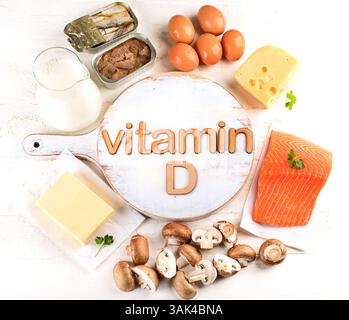 Aliments riches en vitamine D. vue de dessus. Concept de saine alimentation Banque D'Images