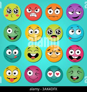 Expressions faciales de dessin animé vectoriel visages heureux surpris Illustration de Vecteur