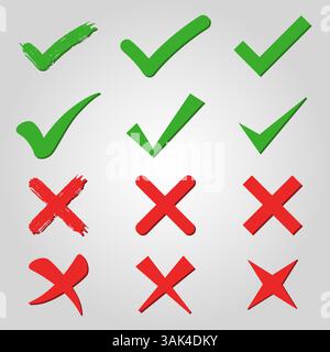 Icônes vectorielles colorées vert et rouge coche et croix dans différents styles pour la conception Web et Internet Illustration de Vecteur