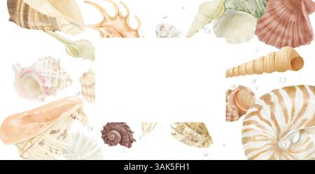 Coquilles sous-marines de mollusques océaniques, nautilus, murex sur une carte postale horizontale. Illustration numérique de l'aquarelle. La faune des profondeurs du Banque D'Images