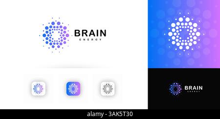 Logo de l'énergie pointillée avec forme de cerveau abstraite faite de points circulaires en dégradé bleu pour la technologie, l'IA, la science, l'innovation, le démarrage, médical Illustration de Vecteur