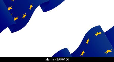 Drapeau bleu ondulé de l'Union européenne avec des étoiles jaunes sur fond blanc. Mise en page abstraite avec espace de copie. Conception pour bannière, affiche, en-tête, papier peint. Illustration de Vecteur
