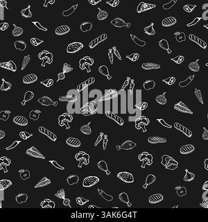 Modèle de doodle sans couture avec des légumes fruits viande nourriture sur un fond noir Illustration de Vecteur