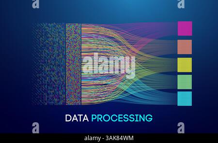 Visualisation du traitement des données abstrait avec des flux numériques colorés, du code binaire et un flux d'informations structuré sur un fond sombre, représentant Illustration de Vecteur