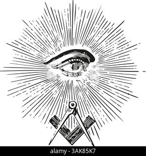 Oeil maçonnique, symbole de la franc-maçon, boussole et angle, Freimaurer Zirkel, Winkel und Auge Banque D'Images