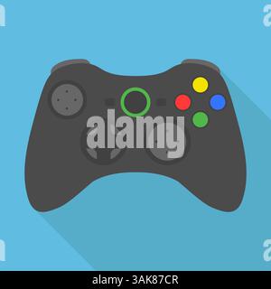 Icône de manette de jeu vidéo, manette de jeu grise sans fil. illustration vectorielle dans la conception plate avec une longue ombre sur fond bleu Illustration de Vecteur