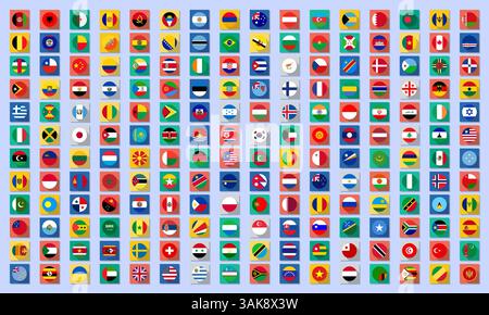 Drapeaux vectoriels de tous les pays du monde dans un cercle avec une longue ombre sur des fonds lumineux Illustration de Vecteur