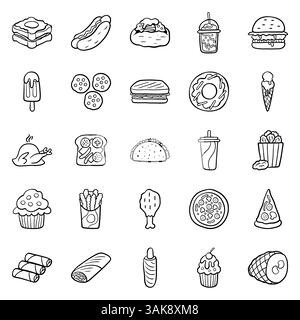 Un grand ensemble d'icônes vectorielles de restauration rapide dans un contour de style plat, qui représente hot dog, saucisse, pizza, hamburger, grill de poulet Illustration de Vecteur