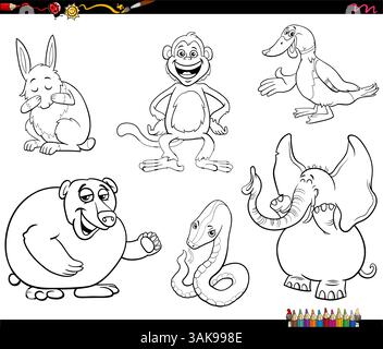 Illustration de dessin animé de drôles de mammifères sauvages personnages d'animaux comiques définir la page de coloriage Illustration de Vecteur