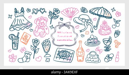 Ensemble vectoriel dessiné à la main par Whimsical Coquette Collection avec des griffonnages girly romantiques, des arcs, des bonbons, des fleurs et des éléments de pique-nique vintage. Mignon féminin Illustration de Vecteur
