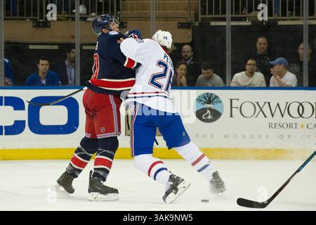 04 mars 2017 : le défenseur des Canadiens de Montréal Jeff Petry (26 ans) remue l'aile gauche des Rangers de New York J.T. Miller (10 ans) dans les derniers instants du match entre les Rangers de New York et les Canadiens de Montréal au Madison Square Garden à Manhattan, New York. Les Canadiens de Montréal battent les Rangers de New York 4-1. Crédit obligatoire : Kostas Lymperopoulos/CSM (crédit image : &copy ; Kostas Lymperopoulos/CSM via ZUMA Wire) Banque D'Images