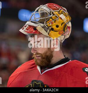 22 octobre 2016 : Chicago, Illinois, États-Unis - Scott Darling, gardien du Blackhawk #33, prend une pause pendant le match de la Ligue nationale de hockey entre les Blackhawks de Chicago et les Maple Leafs de Toronto au United Center à Chicago, il. (Image de crédit : &copy ; Mike Wulf/CSM via ZUMA Wire) Banque D'Images