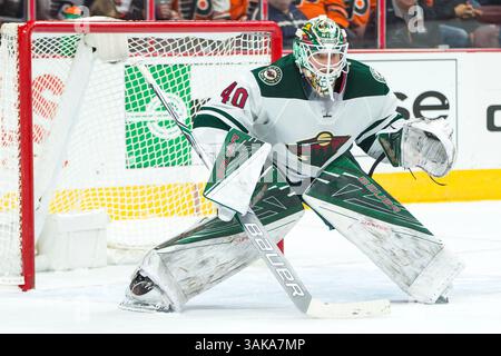 12 novembre 2016 : Devan Dubnyk (40 ans), gardien du Minnesota Wild, en action lors du match de la LNH entre les Wild du Minnesota et les Flyers de Philadelphie au Well Fargo Center à Philadelphie, en Pennsylvanie. Christopher Szagola/CSM(image de crédit : &copy ; Chris Szagola/CSM via ZUMA Wire) Banque D'Images