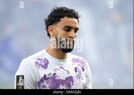 Toulouse, France. 12 avril 2025. Rafik Messali de Toulouse lors du match de football de Ligue 1 entre Toulouse FC et LOSC Lille le 12 avril 2025 au stade de Toulouse, France - photo Nathan Barange/DPPI crédit : DPPI Media/Alamy Live News Banque D'Images