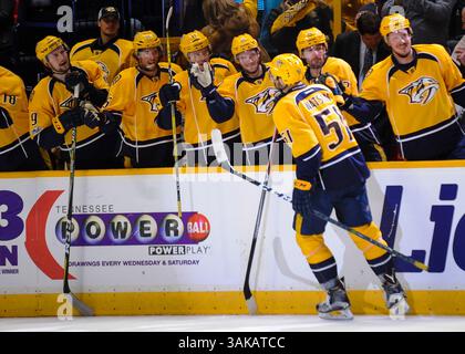 13 mars 2017 les Predators de Nashville (51 ans) célèbrent le but de l'aile gauche Austin Watson (51 ans) lors d'un match de la Ligue nationale de hockey entre les jets de Winnipeg et les Predators de Nashville au Bridgestone Arena de Nashville, Tennessee. Steve Roberts /Cal Sport Media(image de crédit : &copy ; Steve Roberts/Cal Sport Media/CSM via ZUMA Wire) Banque D'Images