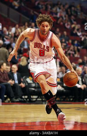 28 février 2017 - Chicago, il, États-Unis - le centre des Chicago Bulls Robin Lopez (8) dribble la balle contre les Nuggets de Denver lors de la première mi-temps le mardi 28 février 2017 au United Center de Chicago, Ill. (crédit image : © Terrence Antonio James/TNS via ZUMA Wire) Banque D'Images