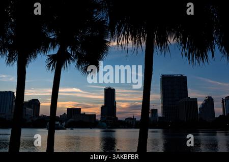 10 janvier 2015 - Orlando, FL, États-Unis d'Amérique - vue panoramique sur le lac Eola et les palmiers au coucher du soleil à Orlando, Floride. Lake Eola Park est situé au cœur du centre-ville d'Orlando et abrite le Walt Disney Amphitheater. (Crédit image : © Richard Ellis via ZUMA Wire) Banque D'Images
