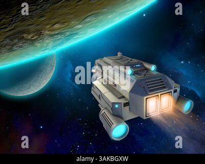 Vaisseau spatial approchant d'une planète. Illustration 3D. Banque D'Images