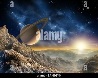 Magnifique évasion spatiale comme vu de l'un de la lune de Saturne. Illustration numérique. Banque D'Images