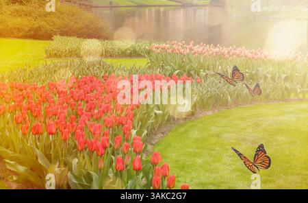 Fleurs avec tulipes rouges sur le rivage de l'étang dans le parc de Keukenhof, pays-Bas. Belles fleurs de printemps dans le parc Keukenhof Banque D'Images