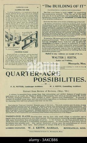 Keith's Home-Builder, publié en 1900 par Walter J. Keith, fournit des conceptions architecturales pour les maisons, avec des plans d'étage, des illustrations, et la ventilation des coûts de construction. Le magazine couvre la construction de maisons, la décoration intérieure et l'aménagement paysager, et comprend des publicités pour les matériaux de construction et l'ameublement. Banque D'Images
