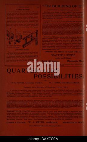 Le magazine Home-Builder de Keith, publié en 1900, présente des numéros mensuels avec des conceptions de maisons, églises, écoles et autres bâtiments. Présentant des plans d'étage détaillés, des photographies et des descriptions, il donne un aperçu des tendances architecturales du début des années 1900, ainsi que des estimations de coûts et des articles sur la construction et la décoration de maisons. Banque D'Images