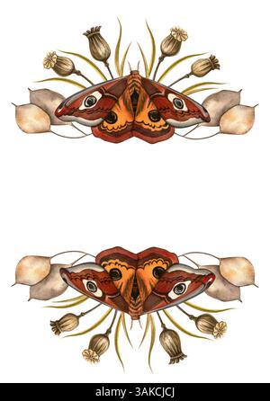 Cadre vertical de papillons avec herbier. Aquarelle dessinée à la main arrangement de fleurs séchées et papillon paon. Idéal pour la superposition de texte, le message d'accueil Banque D'Images