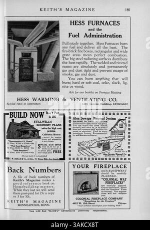 Keith's Magazine, édité par l'architecte Max L. Keith en 1918, propose douze numéros mensuels avec des illustrations et des photographies de conceptions de maisons de différents styles. Chaque numéro présente des descriptions détaillées des bâtiments, y compris les coûts, et des articles sur la construction de maisons, la décoration intérieure et l'architecture paysagère. En outre, il comprend des publicités pour l'ameublement et les matériaux de construction, ainsi que certains plans d'église et d'école. Banque D'Images