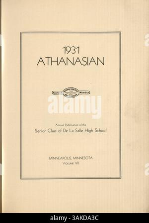 L’édition 1931 de l’Annuaire de la salle, intitulé Athanasien, documente les étudiants, les enseignants, les clubs, et des épreuves athlétiques de l'année scolaire 1930-1931 à de la salle. Banque D'Images