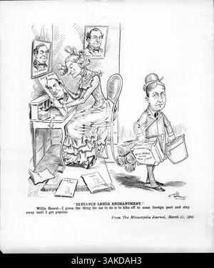 Distance Lends Enchantment est une caricature politique représentant William Jennings Bryan et William Randolph Hearst, avec humour sur Hearst qui recule jusqu'à regagner sa popularité, tandis que Bryan est prêt à prendre la direction politique après sa tournée mondiale. Banque D'Images