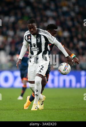 Turin, Italie. 12 avril 2025. Timothy Weah du Juventus FC lors de la saison 2024/25 de Serie A italienne, match de football entre la Juventus FC et l'US Lecce le 12 avril 2025 au stade Allianz de Turin, Italie. Crédit : Nderim Kaceli/Alamy Live News Banque D'Images