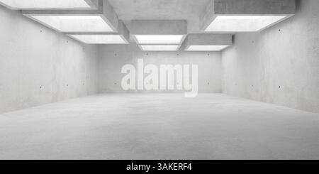 Abstrait vide, salle en béton moderne avec plafonniers dispersés encadrés et sol brut - modèle de fond intérieur industriel, illustration 3D. Banque D'Images