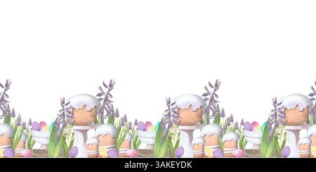 Bordure sans couture de fleurs de printemps avec des œufs et illustration aquarelle de gâteau de Pâques isolé sur blanc. Jacinthes et kulich dessinés à la main tons pastel Banque D'Images