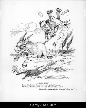 Cette caricature politique montre William Jennings Bryan accroché à la queue de l’âne démocrate, dépeignant avec humour ses tentatives d’influencer le Parti démocrate malgré la déclaration qu’il ne se présenterait pas à la présidence. Banque D'Images