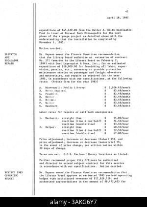 Procès-verbaux des réunions du conseil d'administration de la Bibliothèque publique de Minneapolis en 1985, documentant les résolutions, les décisions et les plans pour les activités de la bibliothèque et les initiatives de la fonction publique. Banque D'Images
